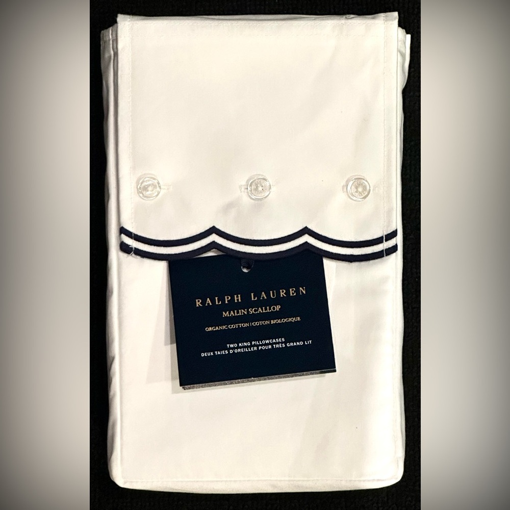 $200 NEW RALPH LAUREN HOME KING PILLOWCASES 500 TC MALIN SCALOP POLO NAVY